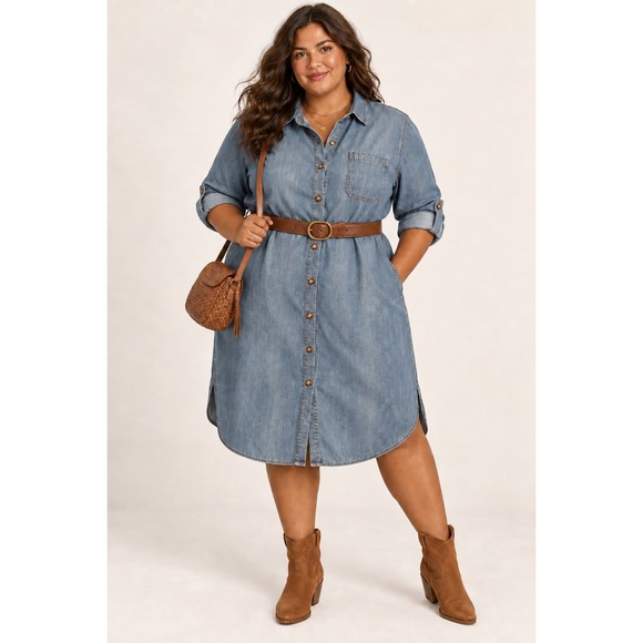Lane Bryant Dresses & Skirts - Lane Bryant Plus 3X 100% Cotton Chambray Denim Shirt Dress Belt Western Capsule